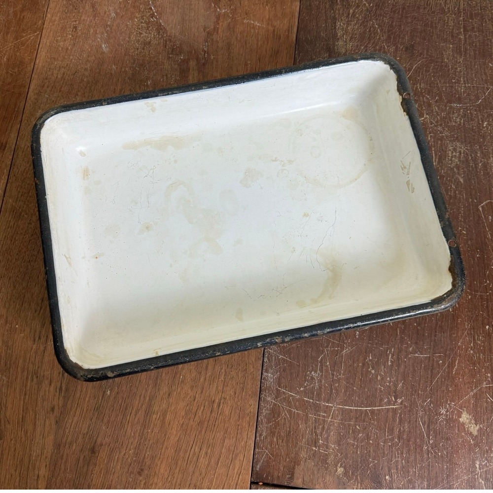 Enamelware White Black Rectangular Dish Pan VINTAGE Well‎ Loved Decor